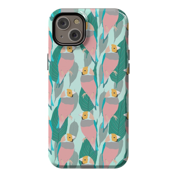 iPhone 14 Plus StrongFit Trendy Pink Rainbow Finch Bird & Green Foliage Design by InovArts