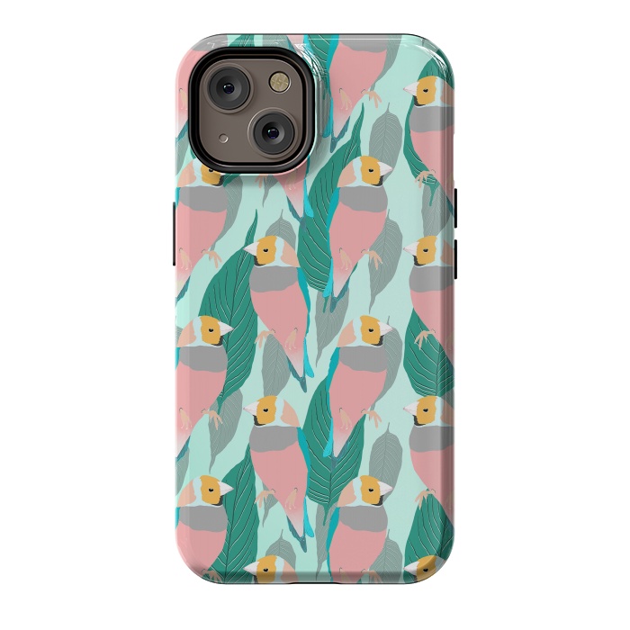 iPhone 14 StrongFit Trendy Pink Rainbow Finch Bird & Green Foliage Design by InovArts