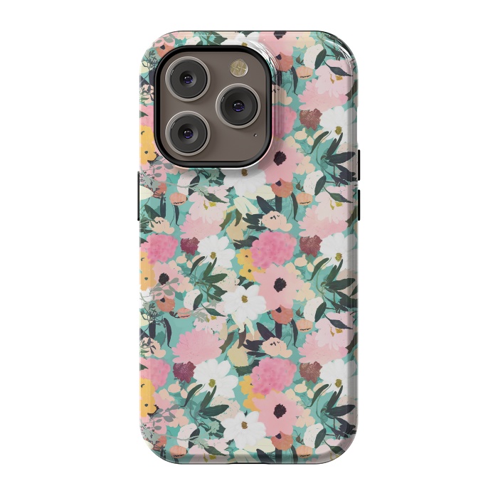 iPhone 14 Pro StrongFit Pretty Watercolor Pink & White Floral Green Design by InovArts