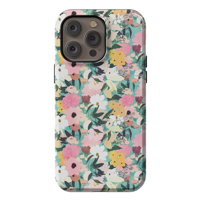 iPhone 14 Pro max StrongFit Pretty Watercolor Pink & White Floral Green Design by InovArts