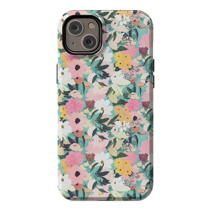 iPhone 14 Plus StrongFit Pretty Watercolor Pink & White Floral Green Design by InovArts