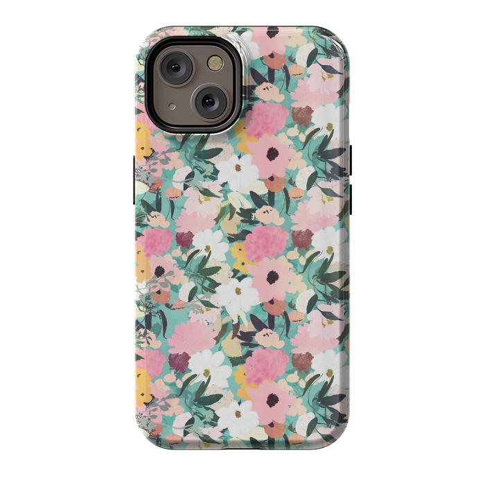 iPhone 14 StrongFit Pretty Watercolor Pink & White Floral Green Design by InovArts