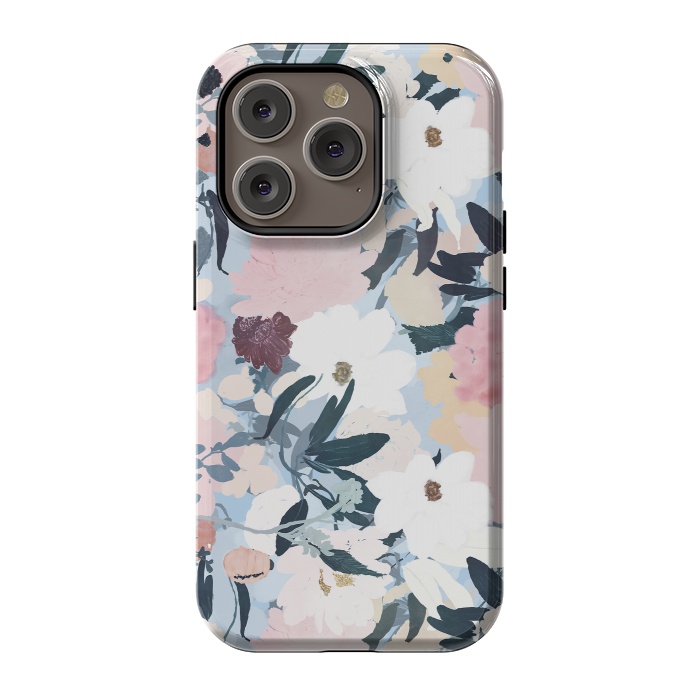 iPhone 14 Pro StrongFit Pretty Grayish Blue Watercolor Pink & White Floral Design by InovArts