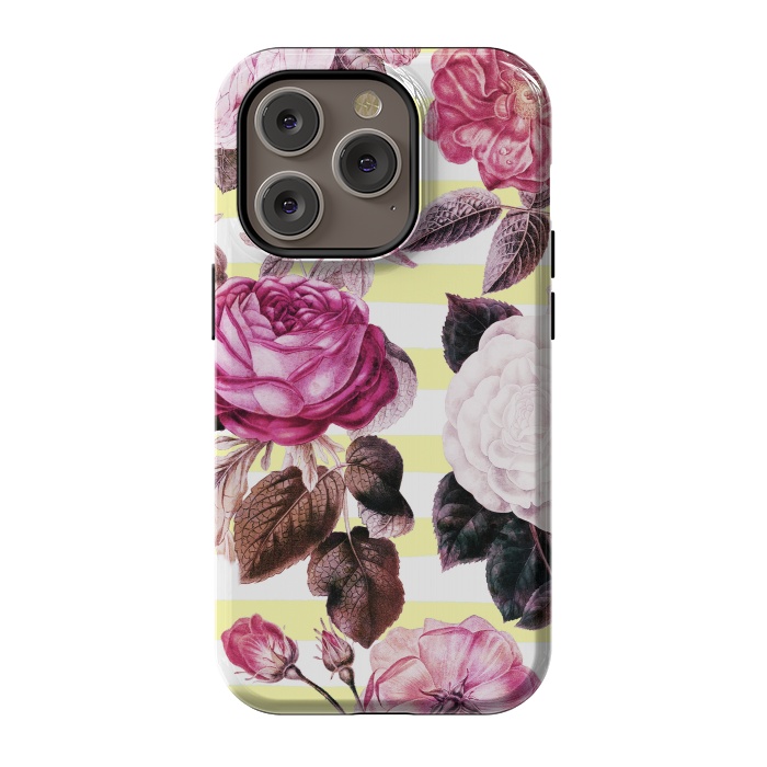 iPhone 14 Pro StrongFit Vintage romantic roses and bright yellow stripes by Oana 
