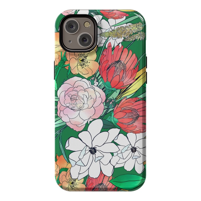 iPhone 14 Plus StrongFit Colorful Hand Drawn Flowers Green Girly Design by InovArts