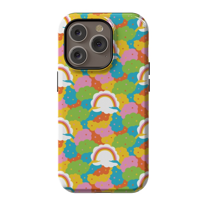 iPhone 14 Pro StrongFit Rainbows, clouds, hands, We're in This Together repeat pattern in pastels by Portia Monberg