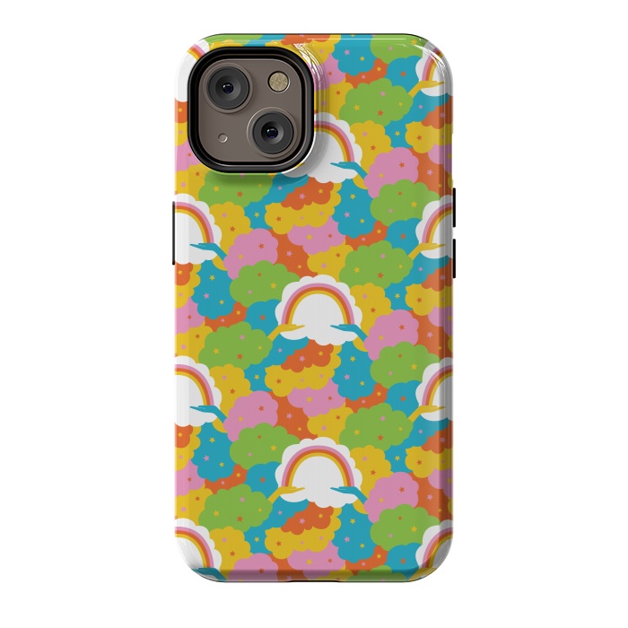 iPhone 14 StrongFit Rainbows, clouds, hands, We're in This Together repeat pattern in pastels by Portia Monberg