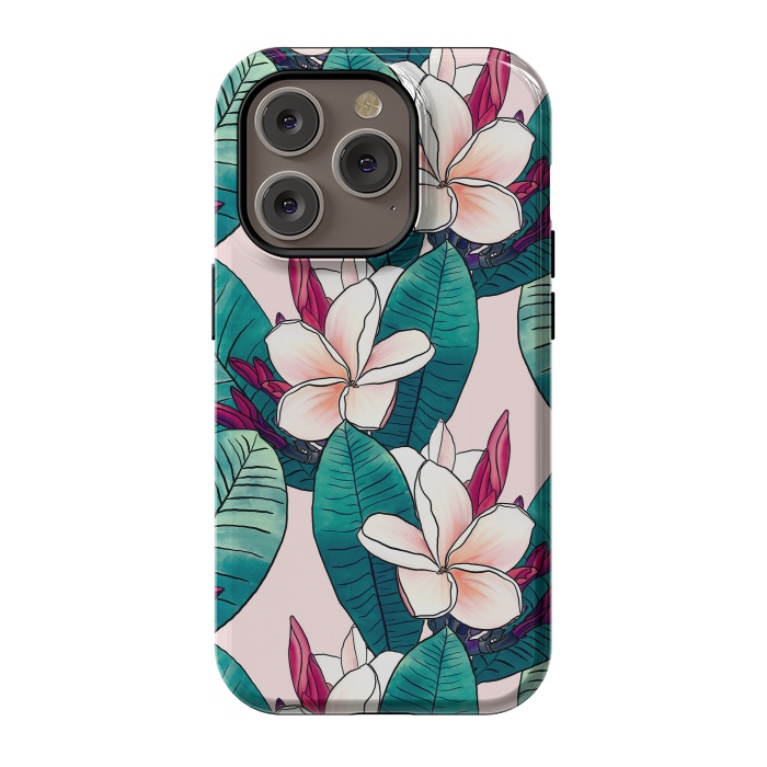 iPhone 14 Pro StrongFit Trendy Tropical Plumeria Flowers Green Foliage Design by InovArts