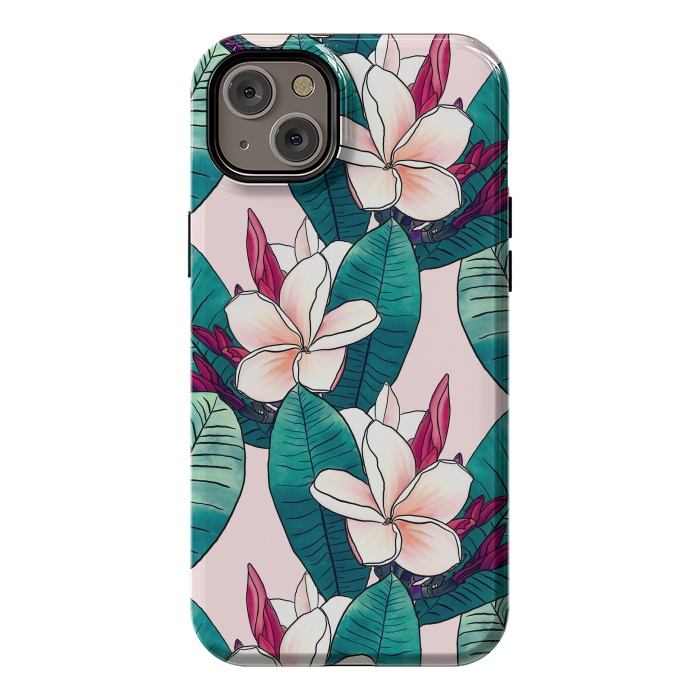 iPhone 14 Plus StrongFit Trendy Tropical Plumeria Flowers Green Foliage Design by InovArts