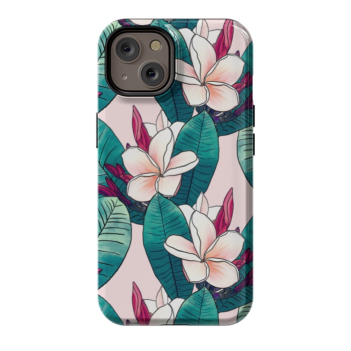 iPhone 14 StrongFit Trendy Tropical Plumeria Flowers Green Foliage Design by InovArts