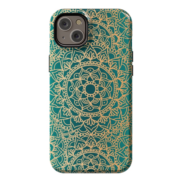 iPhone 14 Plus StrongFit Teal Green and Yellow Mandala Pattern by Julie Erin Designs