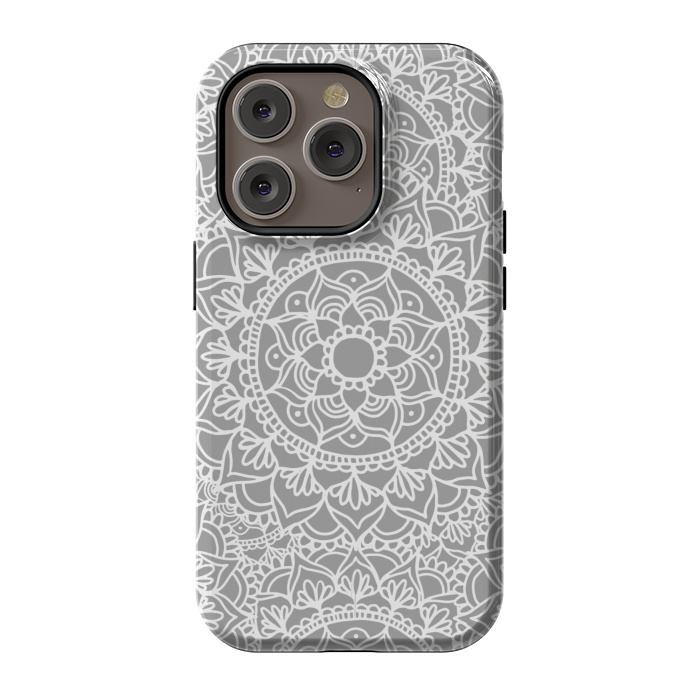 iPhone 14 Pro StrongFit White and Gray Mandala Pattern by Julie Erin Designs