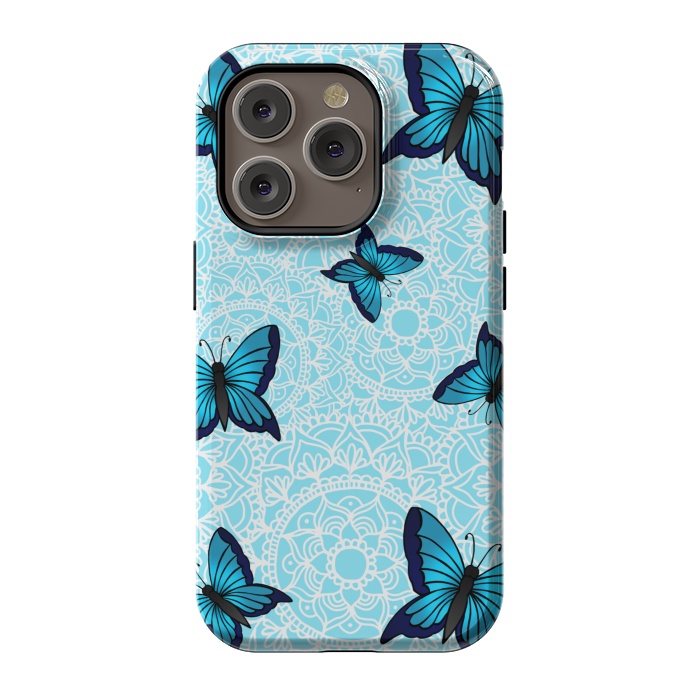 iPhone 14 Pro StrongFit Blue Butterfly Mandala Pattern by Julie Erin Designs