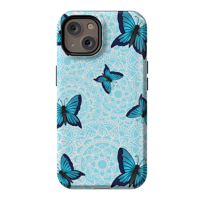 iPhone 14 StrongFit Blue Butterfly Mandala Pattern by Julie Erin Designs