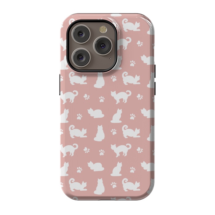 iPhone 14 Pro StrongFit Pink and White Cat Pattern by Julie Erin Designs