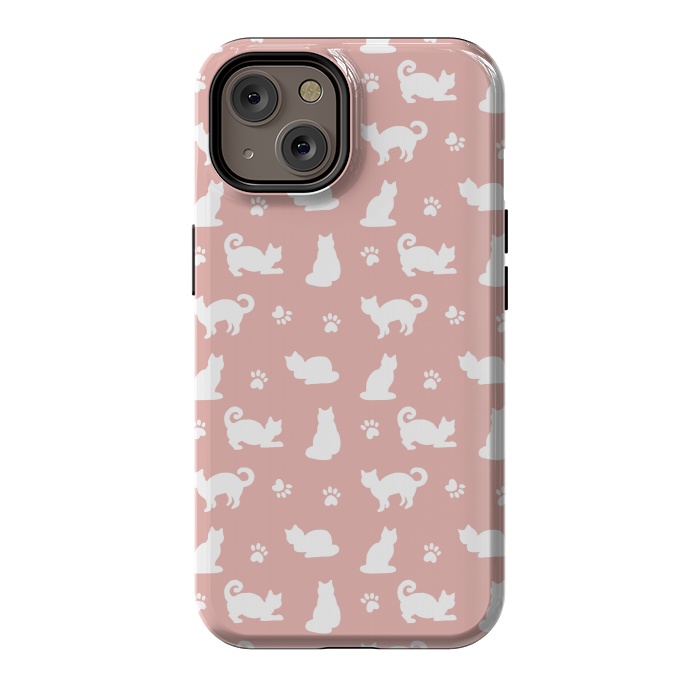 iPhone 14 StrongFit Pink and White Cat Pattern by Julie Erin Designs