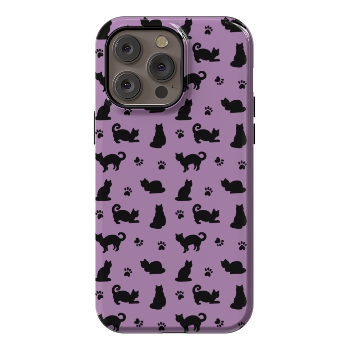 iPhone 14 Pro max StrongFit Black and Purple Cats and Paw Prints Pattern by Julie Erin Designs