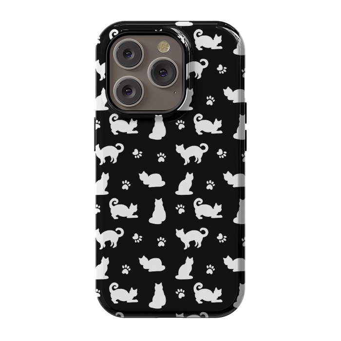 iPhone 14 Pro StrongFit Black and White Cats and Paw Prints Pattern by Julie Erin Designs