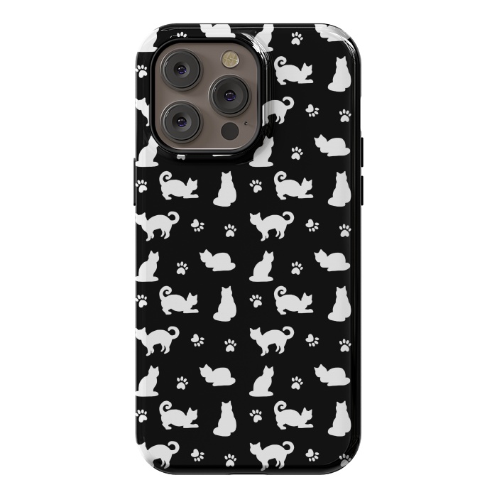 iPhone 14 Pro max StrongFit Black and White Cats and Paw Prints Pattern by Julie Erin Designs