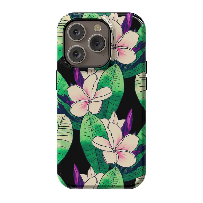 iPhone 14 Pro StrongFit Stylish Plumeria Flower Tropical Green Foliage Design by InovArts