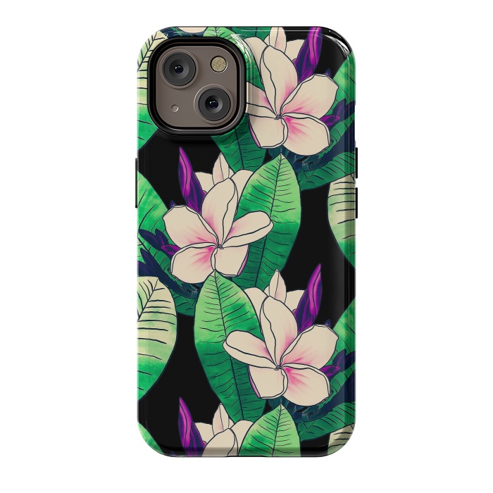 iPhone 14 StrongFit Stylish Plumeria Flower Tropical Green Foliage Design by InovArts