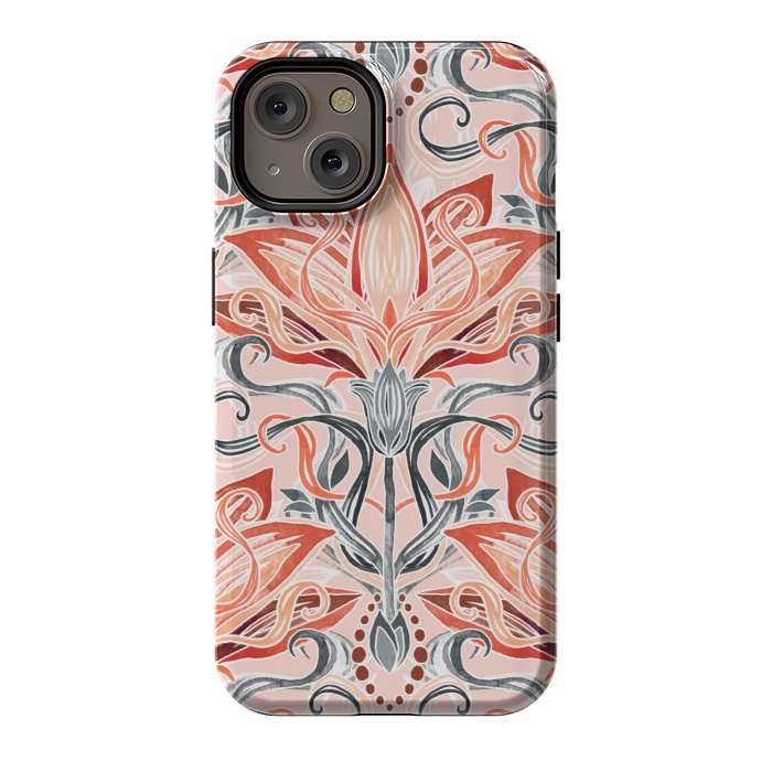 iPhone 14 StrongFit Coral and Grey Watercolor Art Nouveau Aloe by Micklyn Le Feuvre