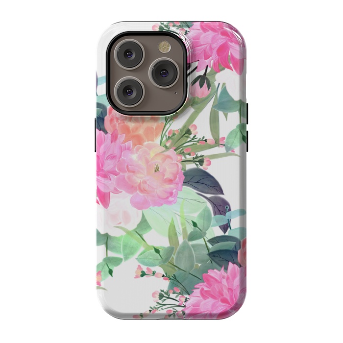 iPhone 14 Pro StrongFit Girly Pink & White Flowers Watercolor Paint by InovArts