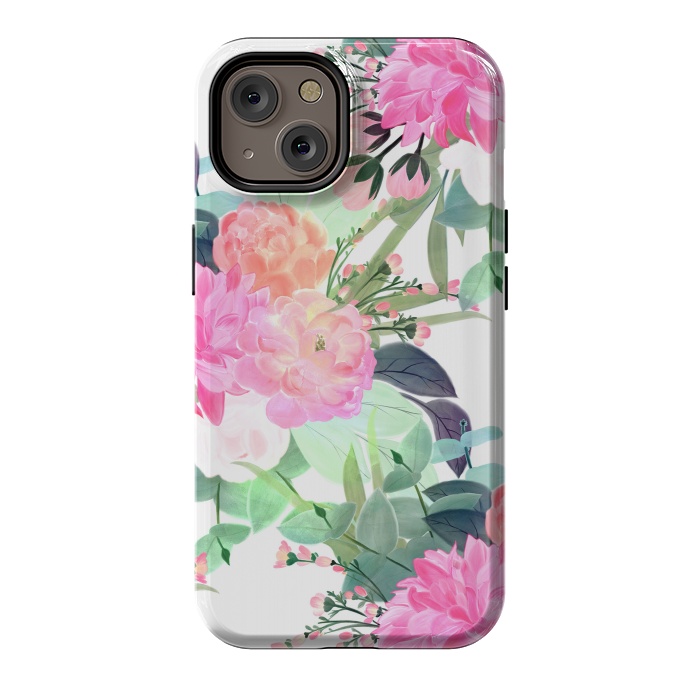 iPhone 14 StrongFit Girly Pink & White Flowers Watercolor Paint by InovArts