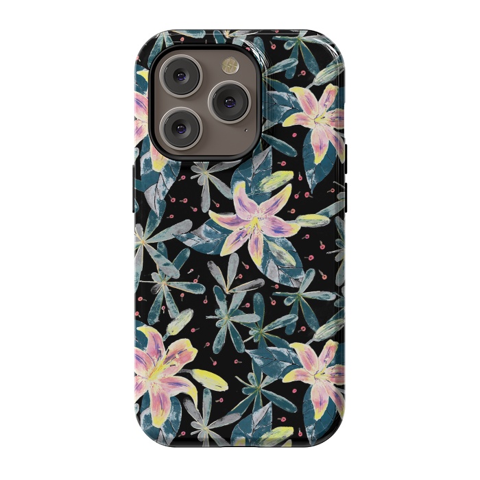 iPhone 14 Pro StrongFit Painted flowers and tropical leaves - dark green by Oana 