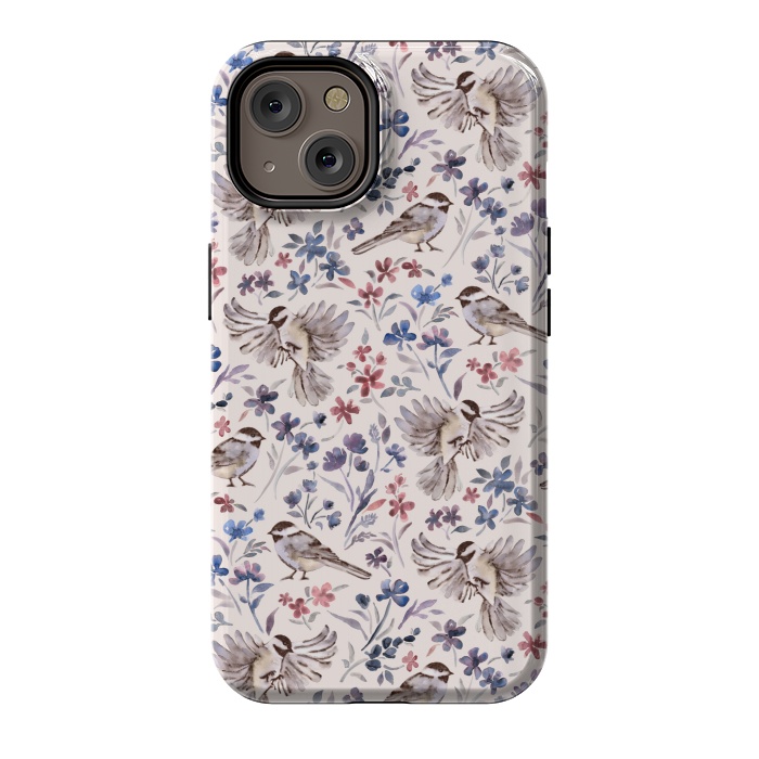 iPhone 14 StrongFit Chickadees and Wildflowers on Cream by Micklyn Le Feuvre