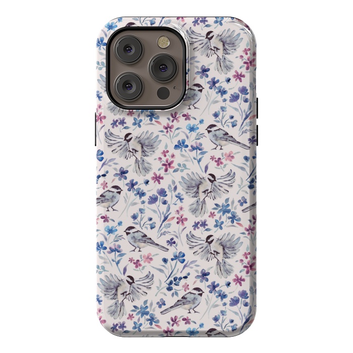 iPhone 14 Pro max StrongFit Chickadees and Wildflowers in lavender blues on cream by Micklyn Le Feuvre