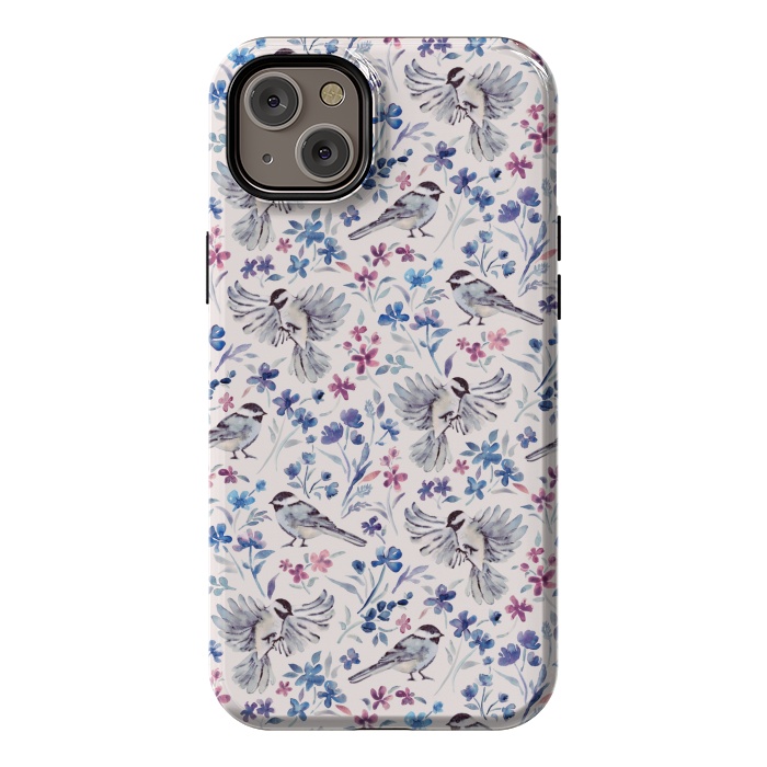 iPhone 14 Plus StrongFit Chickadees and Wildflowers in lavender blues on cream by Micklyn Le Feuvre