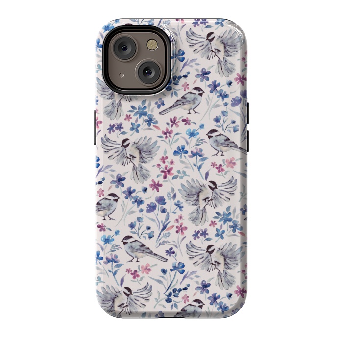 iPhone 14 StrongFit Chickadees and Wildflowers in lavender blues on cream by Micklyn Le Feuvre