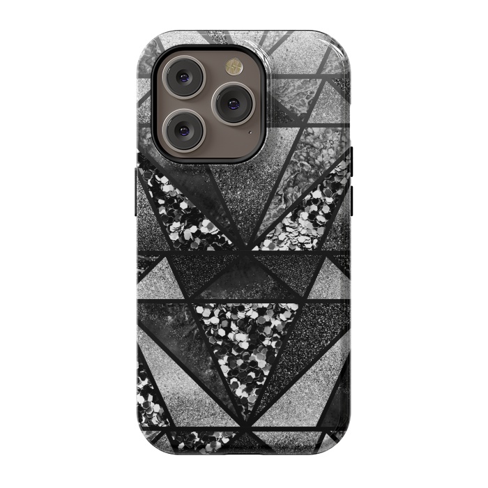 iPhone 14 Pro StrongFit Black and silver glitter sparkle triangles by Oana 