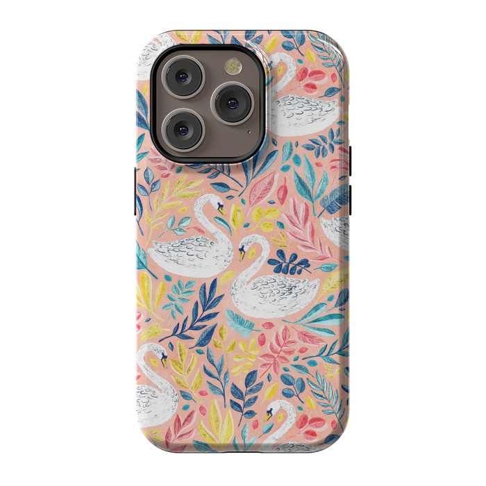 iPhone 14 Pro StrongFit Whimsical White Swans and Colorful Leaves on Pale Peach Pink by Micklyn Le Feuvre