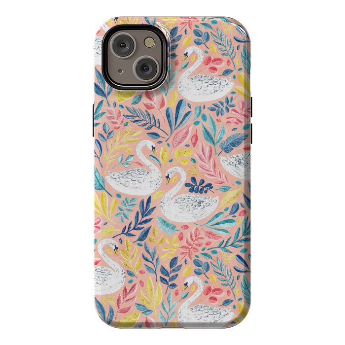 iPhone 14 Plus StrongFit Whimsical White Swans and Colorful Leaves on Pale Peach Pink by Micklyn Le Feuvre