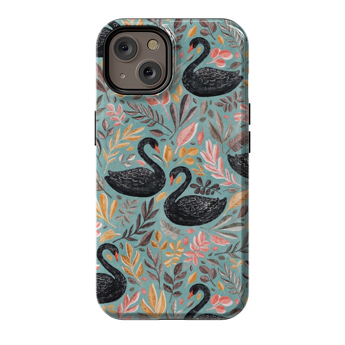 iPhone 14 StrongFit Bonny Black Swans with Autumn Leaves on Sage by Micklyn Le Feuvre