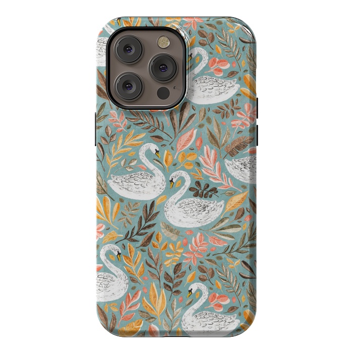 iPhone 14 Pro max StrongFit Whimsical White Swans with Autumn Leaves on Sage by Micklyn Le Feuvre