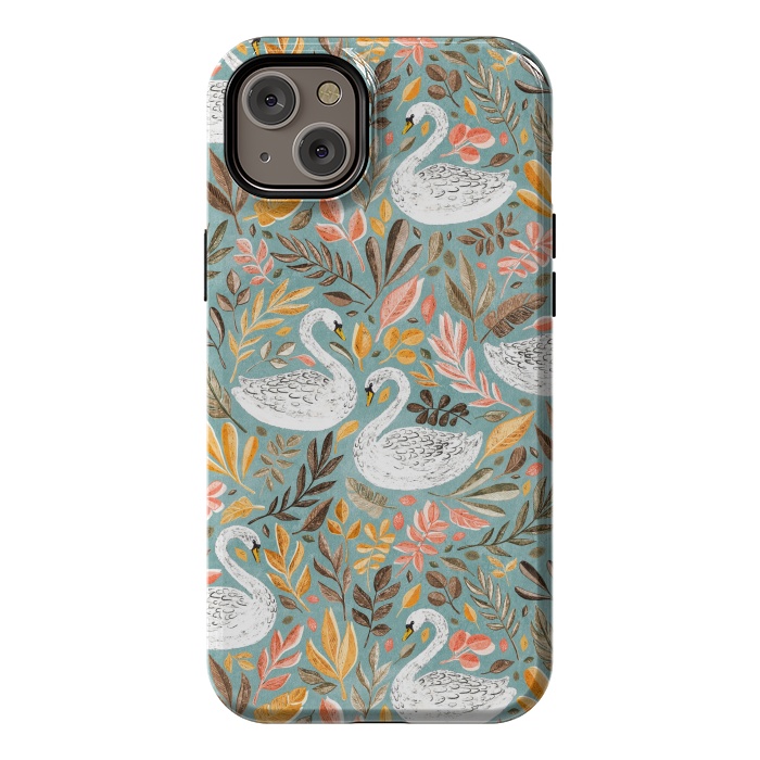 iPhone 14 Plus StrongFit Whimsical White Swans with Autumn Leaves on Sage by Micklyn Le Feuvre