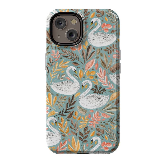 iPhone 14 StrongFit Whimsical White Swans with Autumn Leaves on Sage by Micklyn Le Feuvre