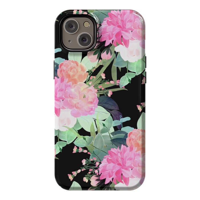 iPhone 14 Plus StrongFit Trendy Pink & Black Flowers Watercolor Design by InovArts