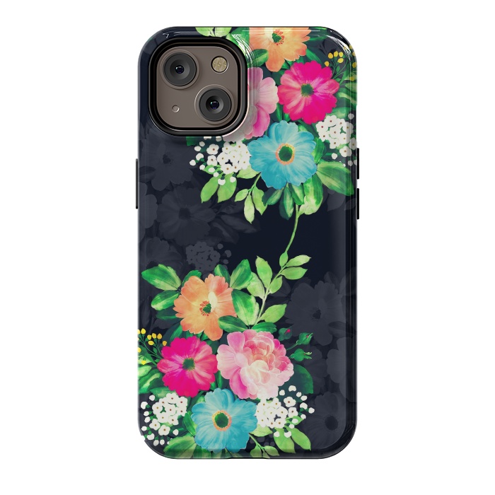 iPhone 14 StrongFit Watercolor Vintage Roses Floral Dark Blue Design by InovArts