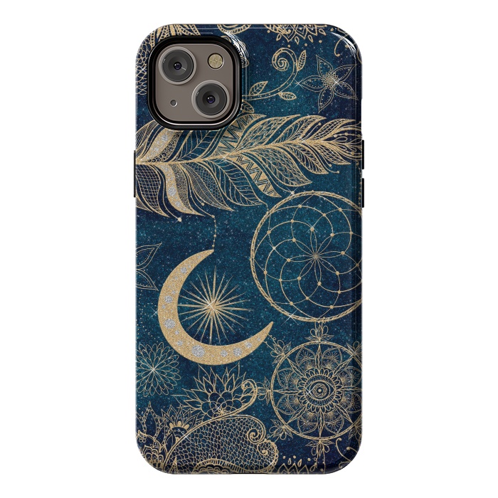 iPhone 14 Plus StrongFit Whimsy Gold Glitter Dreamcatcher Feathers Mandala by InovArts