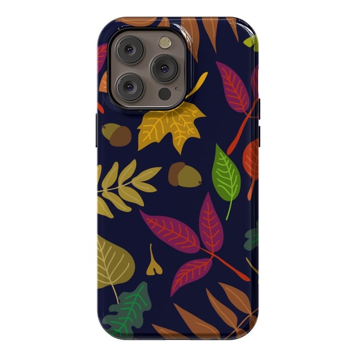 iPhone 14 Pro max StrongFit Colorful Leaves and Acorns on Black Background by ArtsCase