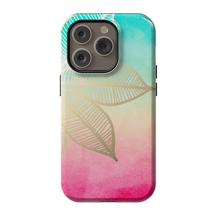 iPhone 14 Pro StrongFit Gold Flower on Turquoise and Pink Watercolor by Tangerine-Tane