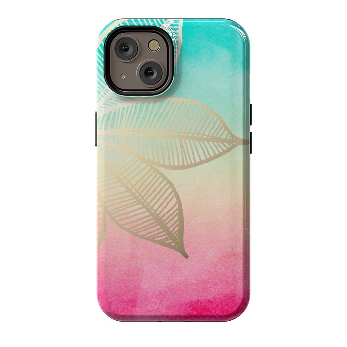 iPhone 14 StrongFit Gold Flower on Turquoise and Pink Watercolor by Tangerine-Tane