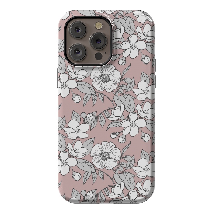 iPhone 14 Pro max StrongFit White Cherry flowers line art drawing on pink by Oana 