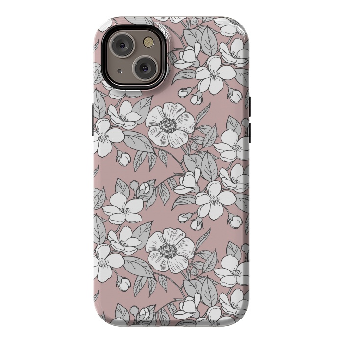 iPhone 14 Plus StrongFit White Cherry flowers line art drawing on pink by Oana 