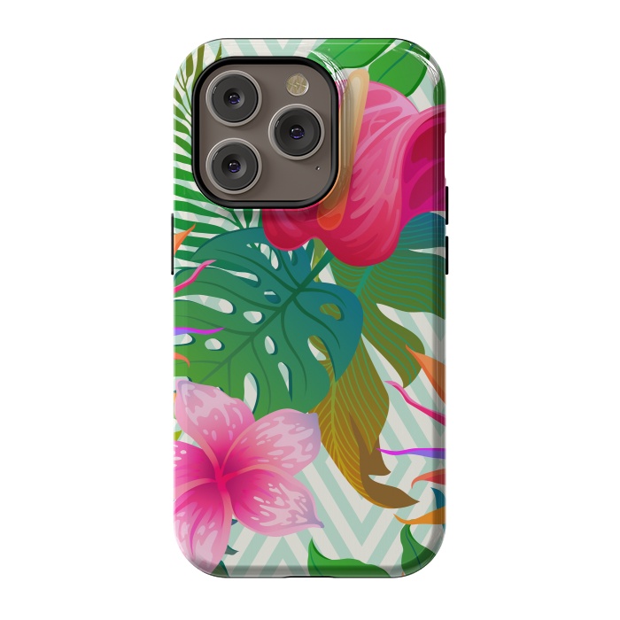 iPhone 14 Pro StrongFit Exotic Flowers and Leaves in Geometric Decoration by ArtsCase