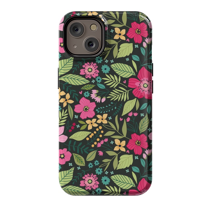 iPhone 14 StrongFit Pretty Flowers on Dark Green Background by ArtsCase